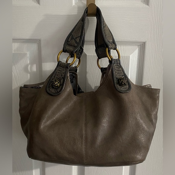 BetsyJohnson br leather/faux snakeskin trim,gold roses buttons hobo - Picture 2 of 16